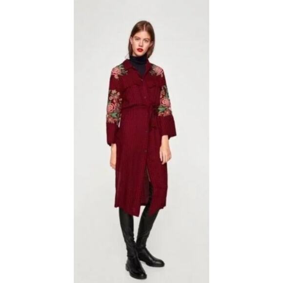 Zara Cardigan Women SMALL Red Navy Blue Plaid Button Front Maxi Dress Duster - Picture 3 of 13